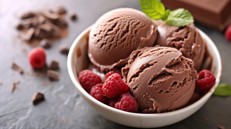 Chocolate ice cream scoops with fresh raspberries in a white bowlの素材