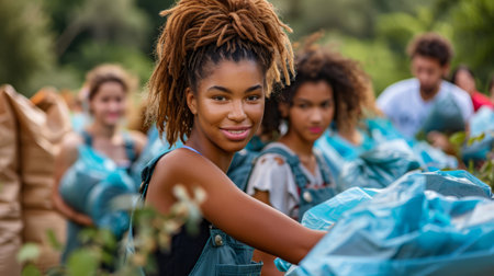 Youthful woman volunteers in community clean-up, promoting environmental care.の素材