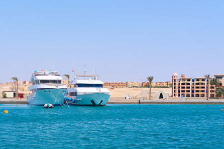 Luxury Yachts Docked at Tropical Resort Marina, Clear Blue Sea and Sky.の写真素材