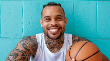 Cheerful Basketball Player with Tattoos Posing with Ball Against Blue Wallの素材