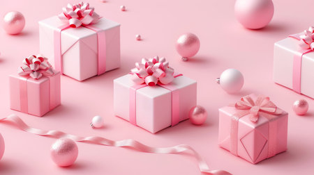 Collection of Pink Gift Boxes with White Ribbons, Ideal for Christmas, Valentine's Day and Feminine Birthday Themesの素材