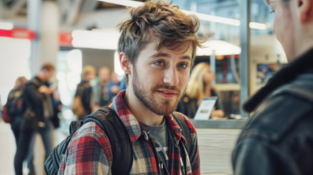 Young Man Engaging at Career Fair with Informal Attire and Focused Expression.の素材