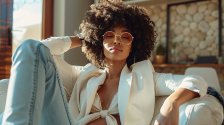 Fashionable Young Woman Relaxing Indoors with Sunglasses and Afro Hairstyleの素材