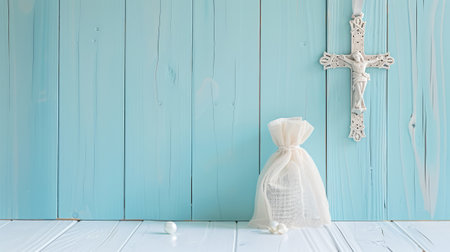 Baptismal Scene with Decorative Cross and Gift Bag. Perfect for Religious Celebrations and Keepsakes.の素材