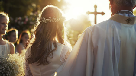 Girl with Priest During First Communion Ceremony - A Moment of Spiritual Significanceの素材