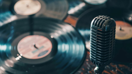 Vintage microphone surrounded by vinyl records, creating a nostalgic musical scene.の素材