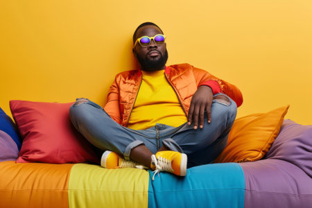 Stylish man in colorful outfit sitting on a vibrant couch against a yellow background, modern fashion concept.の素材