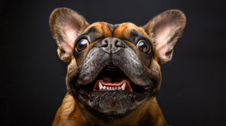 Close-up of a funny French Bulldog with a surprised expression. Pet photography and animal humorの素材