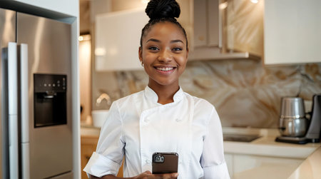 Smiling young African-American woman in a chef's uniform holding a phone in a modern kitchen.の素材
