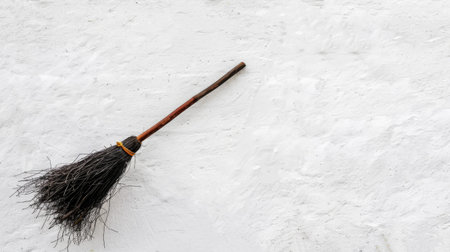 A broomstick lying against a white wall, representing a witch's broom.の素材