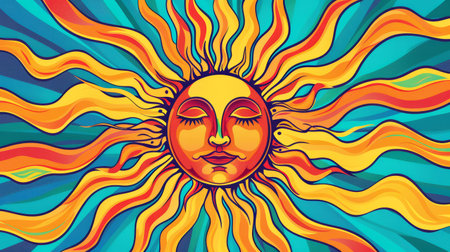 Stylized Sun with Expressive Face and Vibrant Rays. Bold, Artistic Design.の素材