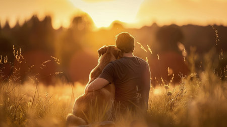 Man and dog enjoying a sunset together in a field. Peaceful moment of companionship.の素材