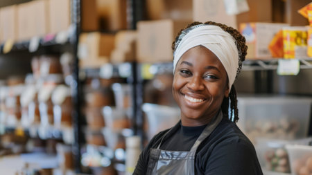 Smiling Female Volunteer in a Warehouse, Promoting Community Support and Charity Workの素材