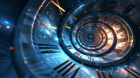 Intricate Spiral Clock with Roman Numerals. Concept of time travel and infinite loop.の素材