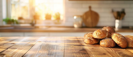 Empty wooden table in front blur kitchen background, product display.の素材