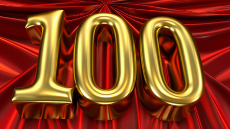 Shiny Gold Number 100 on Red Silk Background. Ideal for Milestone Celebrations and Anniversariesの素材