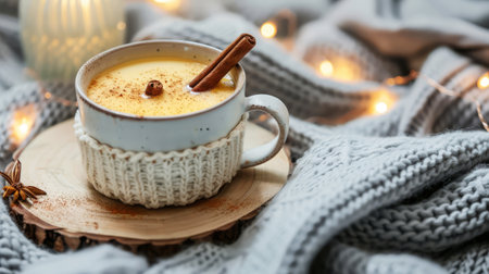 Cozy Winter Drink, Hot Apple Cider with Cinnamon in Knitted Mug on Festive Background.の素材