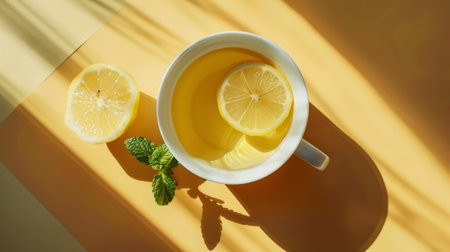 Refreshing herbal tea with a slice of lemon and mint leaves, ideal for a healthy and calming drink.の素材
