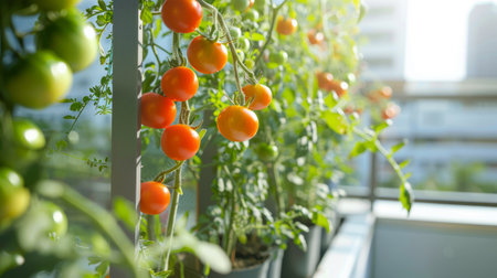 Urban Apartment Balcony Vegetable Garden with Fresh Tomatoes. Sustainable Urban Gardening, Organic Produce.の素材