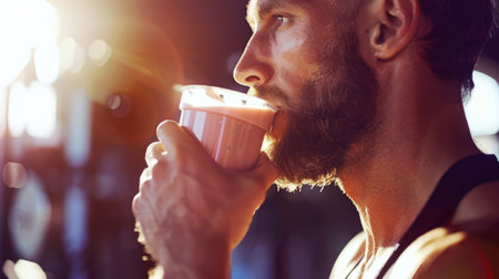 Focused Athlete Drinking a Refreshing Protein Shake After Intense Workout, Fitness and Nutrition Conceptの素材