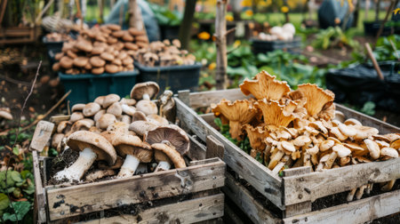 Freshly Harvested Wild Mushrooms in Wooden Crates. Organic Food, Autumn Foraging, Natural Delicacies.の素材