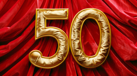 Elegant Golden Number 50 on Red Velvet Background. Anniversary Celebration, Milestone Event.の素材