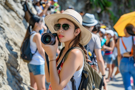 Teenage Hispanic Girl Taking Photos at Tourist Destinationの素材