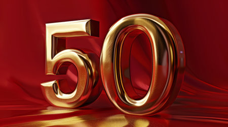 Golden Number 50 on Red Background Celebrating Milestones and Anniversaries.の素材