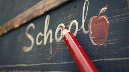 Red Pencil Drawing School Sign on Chalkboard with Apple Illustration, Back to School Concept.の素材