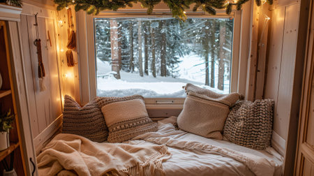 Rustic Winter Reading Nook with Pillows and Snowy Forest View. Perfect for Comfort and Seasonal Decor Themesの素材