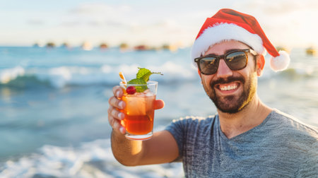 Man Celebrating Christmas on Tropical Beach, Wearing Santa Hat and Holding Festive Cocktail, Holiday Escape Concept.の素材