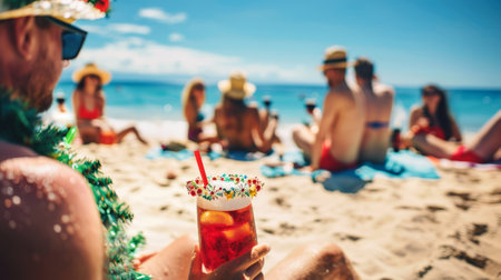 Christmas Beach Party with Festive Drink and Friends, Tropical Holiday Celebration.の素材