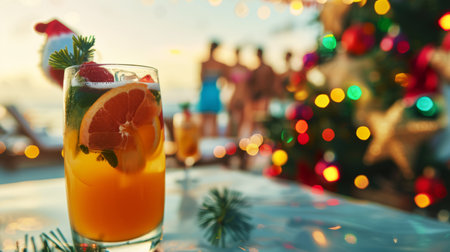 Festive Tropical Cocktail with Grapefruit Slice at Beach Christmas Party, Vibrant Holiday Celebration.の素材