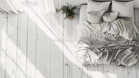 Scandinavian Style Bedroom with Soft White Bedding and Bright Natural Sunlight.の素材