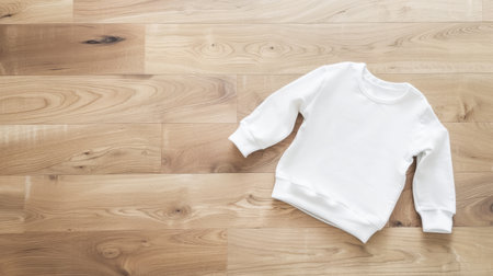 Children's white sweatshirt on wooden floor - blank apparel mockup for branding or clothing design.の素材