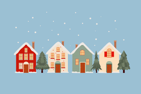 Winter village illustration with snow-covered houses and pine trees, perfect for holiday designs and winter themesのイラスト素材