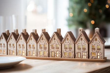 Cozy Christmas Village Candle Holders on a Wooden Table, Soft Morning Light, Festive Home Decor.の素材
