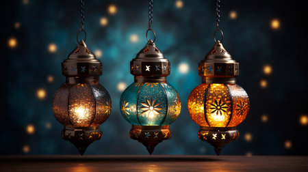Ramadan lantern on dark background. Luminous traditional customs observed during Ramadan Kareem. Copy space.の素材