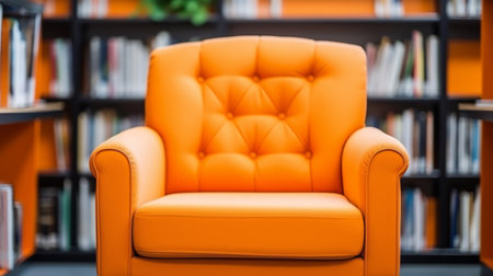 An orange comfortable chair in the middle of a modern public library, surrounded by shelves of books. Retro style. Learning, reading and knowledge concept.の素材