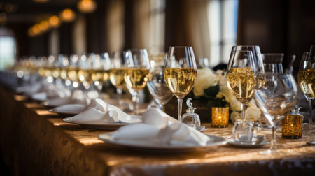 Elegant formal dining table set for a celebration, featuring champagne glasses and golden decor, ideal for weddings or formal events.の素材