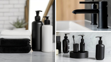 Collage With Minimalist Black and White Bathroom Essentials for Modern Decor.の素材