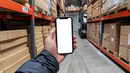 Smartphone with blank screen held in a warehouse aisle, suitable for logistics, e-commerce, and inventory technology themes.の素材