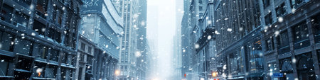 Banner with Winter Cityscape with Snowfall, Empty Urban Street, Holiday Background.の素材