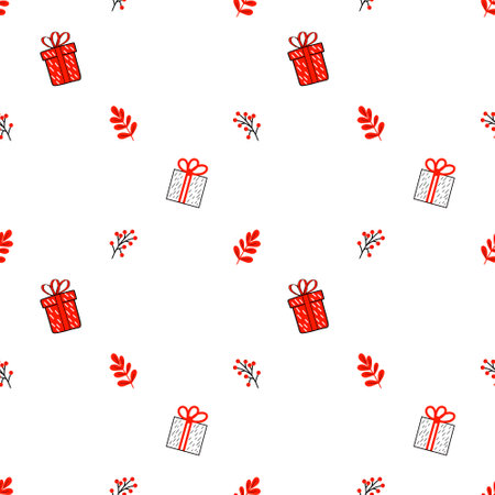 Seamless pattern with red and white gift boxes, holly berries, and leaves on a white background.の写真素材