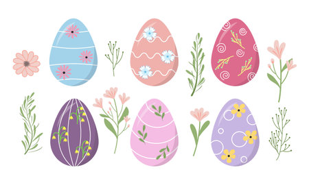 Pastel Easter Eggs with Floral Elements, Hand-Drawn Holiday Illustration for Seasonal Decorのイラスト素材