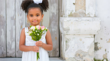 Young Girl in White Dress Holding Bouquet of Flowers for a Special Occasionの素材
