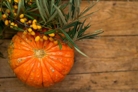 sea buckthorn and pumpkin on wooden backgroundの写真素材