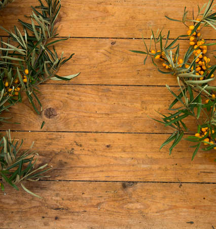 ripe yellow sea-buckthorn berries on wooden backgroundの写真素材