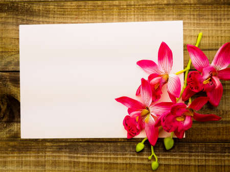 Blank present Valentine card wooden backgroundの写真素材