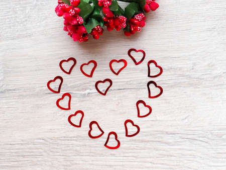 decor for Valentines day heart Valentines day, woven of red yarn, handmade, retro, spaceの写真素材